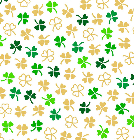 Image of the St. Paddys Cheer Mini Clovers White quilting cotton fabric by QT Fabrics. Features green clovers on a white background. 
Cute Little Fabric Shop.