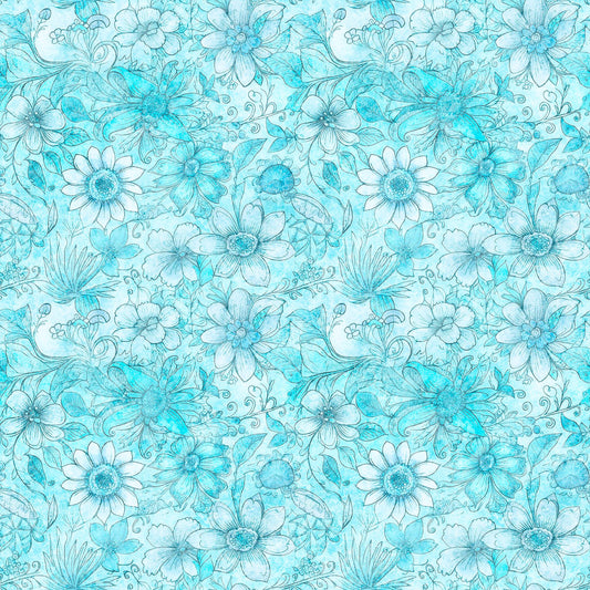 Image of the Enchanted Flower Tonal quilting cotton fabric by Morris Creative Group for QT Fabrics. Features floral fabrics on a blue background. 
Cute Little Fabric Shop