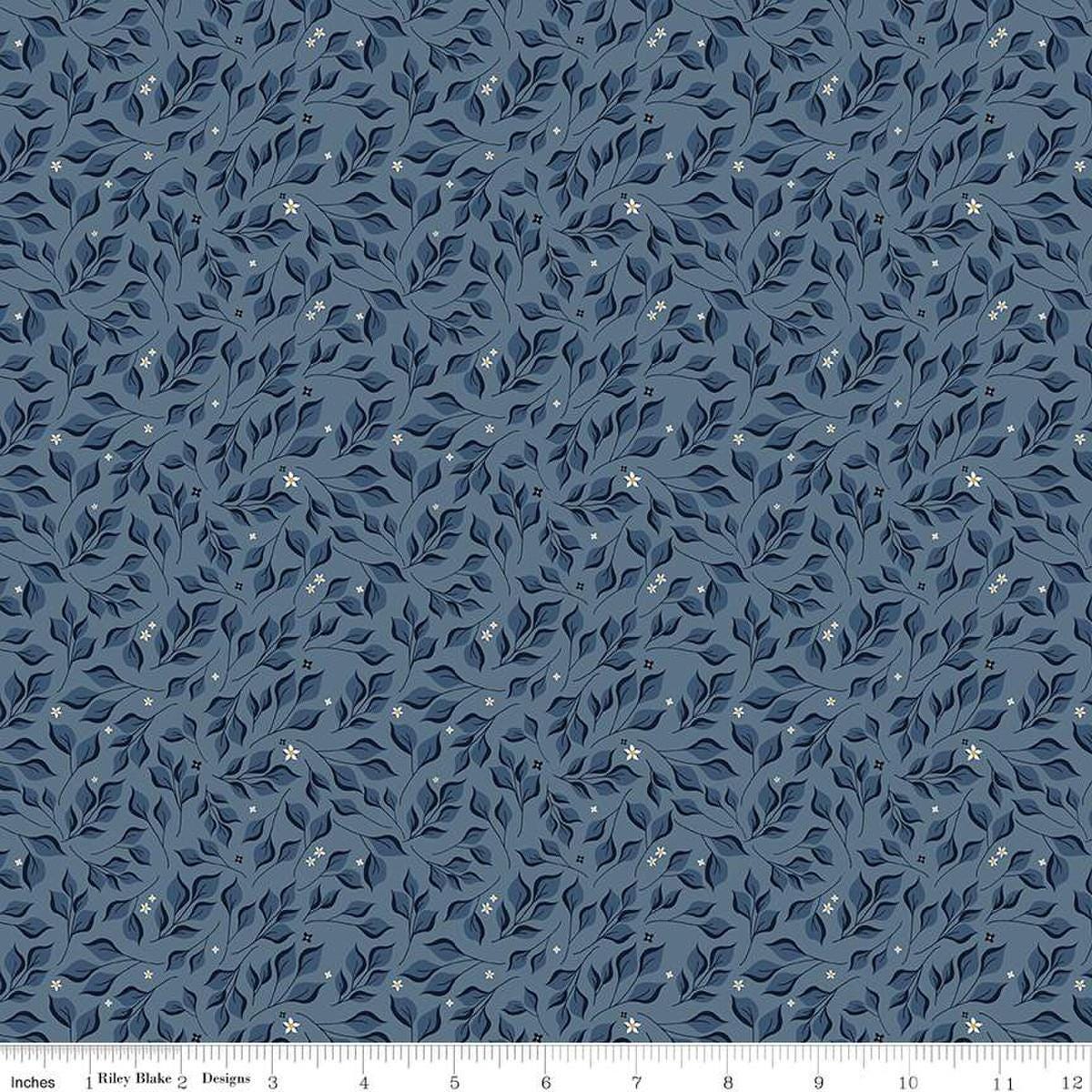 Image of the Curated Blooms Leaves Storm quilting cotton fabric by Judi Madsen for Riley Blake Designs. Features tone on tone leaves and blossoms on a blue background.
Cute Little Fabric Shop