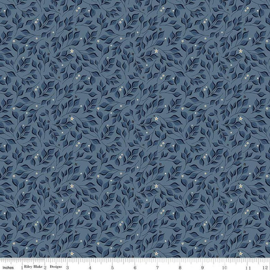 Image of the Curated Blooms Leaves Storm quilting cotton fabric by Judi Madsen for Riley Blake Designs. Features tone on tone leaves and blossoms on a blue background.
Cute Little Fabric Shop