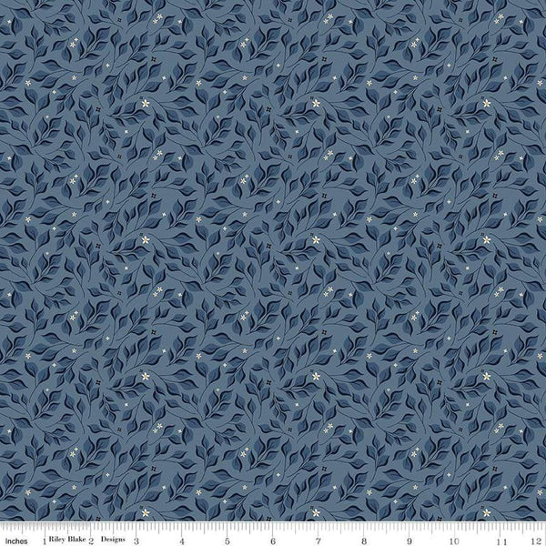 Image of the Curated Blooms Leaves Storm quilting cotton fabric by Judi Madsen for Riley Blake Designs. Features tone on tone leaves and blossoms on a blue background.
Cute Little Fabric Shop
