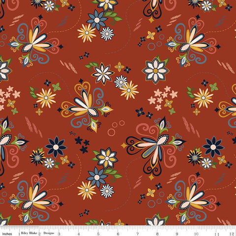 Image of the Curated Blooms Dance Auburn quilting cotton fabric by Judi Madsen for Riley Blake Designs. Features flowers and dashes and stars on a orange red background.
Cute Little Fabric Shop