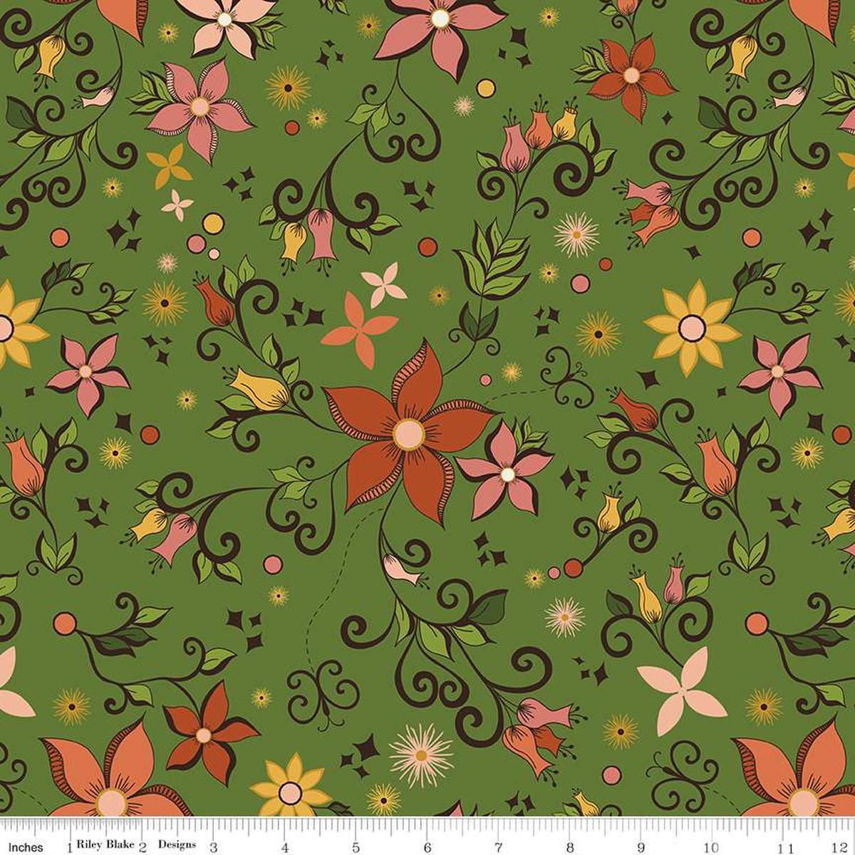 Image of the Curated Blooms Main Green quilting cotton fabric by Judi Madsen for Riley Blake Designs. Features flowers and dashes and stars on a green background.
Cute Little Fabric Shop