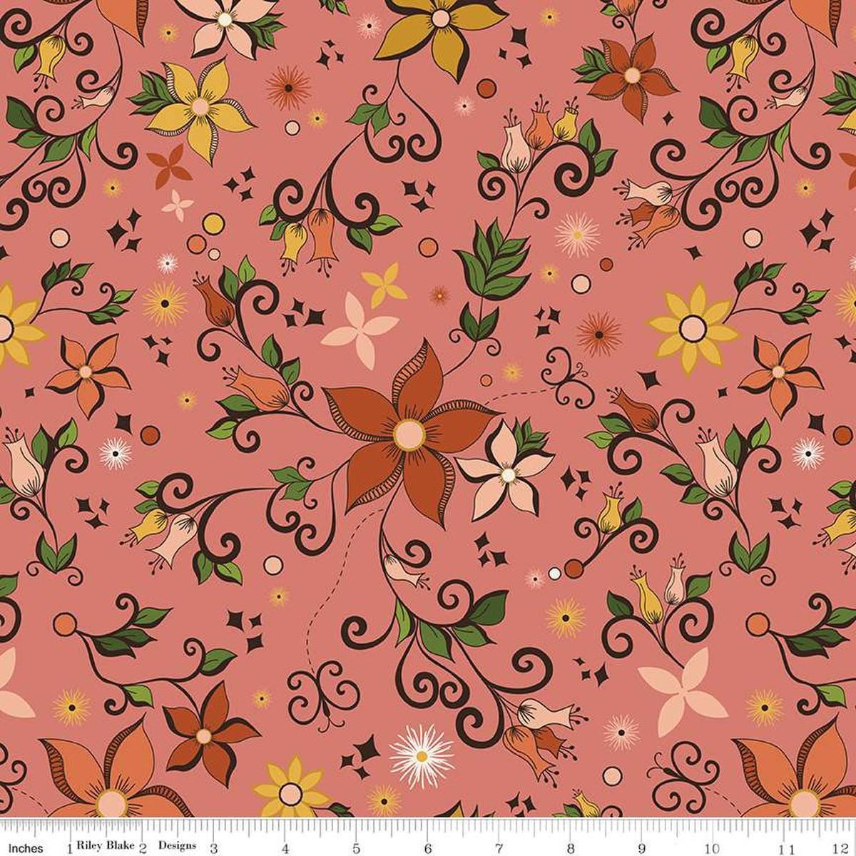 Image of the Curated Blooms Main Grapefruit quilting cotton fabric by Judi Madsen for Riley Blake Designs. Features flowers and dashes and stars on a muted pink background.
Cute Little Fabric Shop