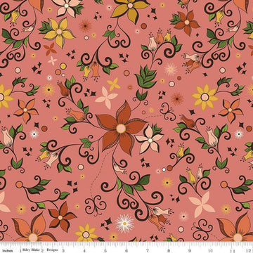 Image of the Curated Blooms Main Grapefruit quilting cotton fabric by Judi Madsen for Riley Blake Designs. Features flowers and dashes and stars on a muted pink background.
Cute Little Fabric Shop
