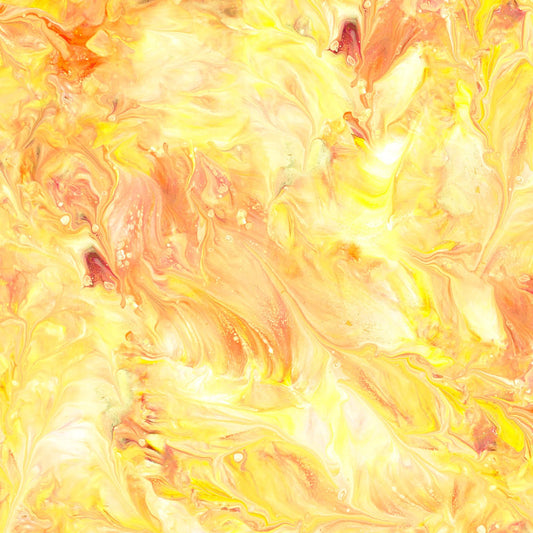 Image of the Mixology Mix Dusty Sun quilting cotton fabric by Ocllo Mason For QT Fabrics. Features acrylic swirls on a yellow background. 
Cute Little Fabric Shop