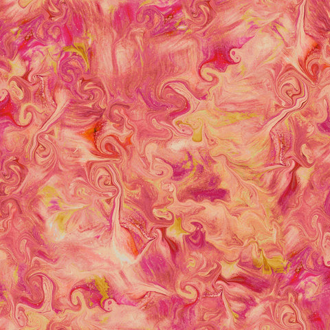 Image of the Mixology Blend Carnation quilting cotton fabric by Ocllo Mason For QT Fabrics. Features acrylic swirls on a red background. 
Cute Little Fabric Shop
