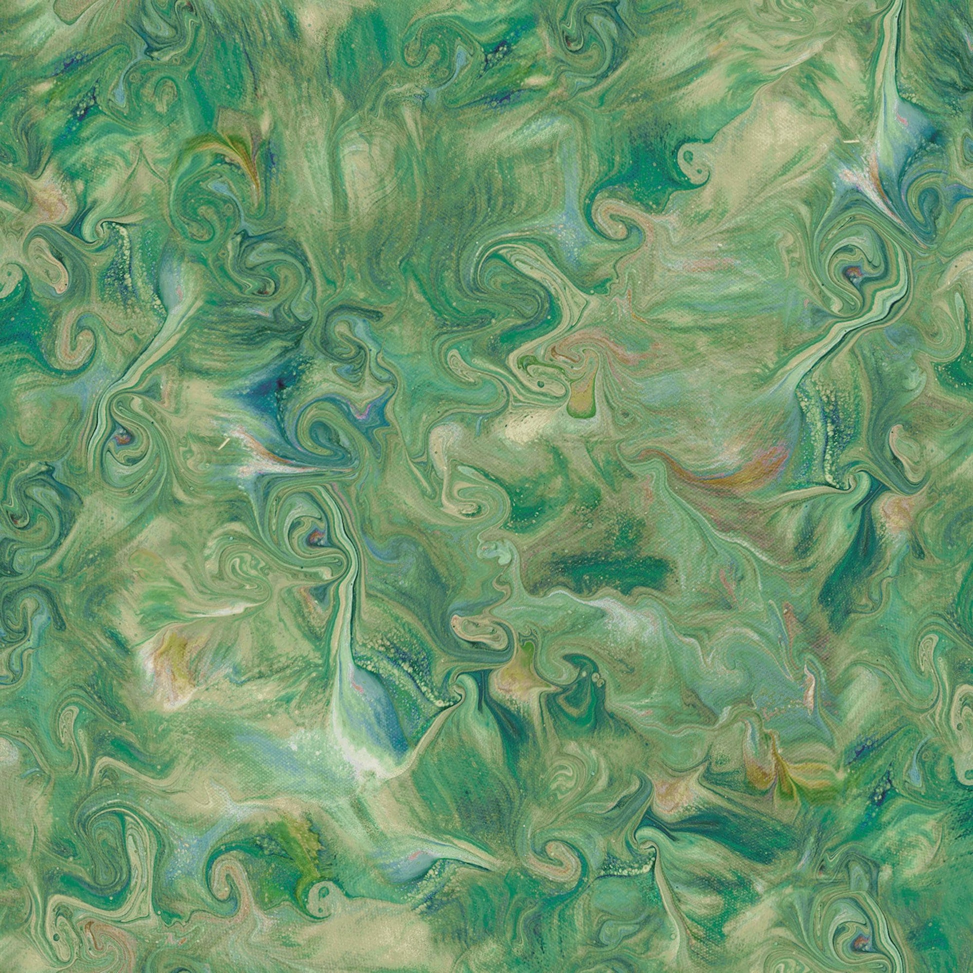 Image of the Mixology Blend Moss quilting cotton fabric by Ocllo Mason For QT Fabrics. Features acrylic swirls on a green background. 
Cute Little Fabric Shop