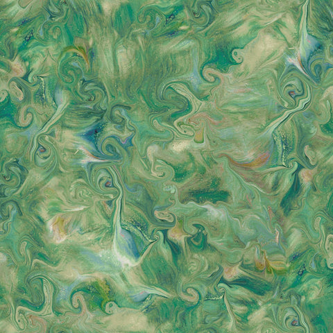 Image of the Mixology Blend Moss quilting cotton fabric by Ocllo Mason For QT Fabrics. Features acrylic swirls on a green background. 
Cute Little Fabric Shop