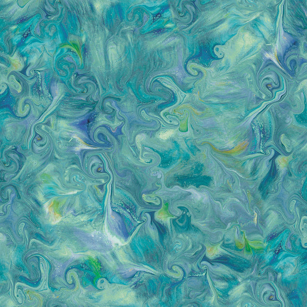 Image of the Mixology Blend Teal quilting cotton fabric by Ocllo Mason For QT Fabrics. Features acrylic swirls on a teal blue background. 
Cute Little Fabric Shop