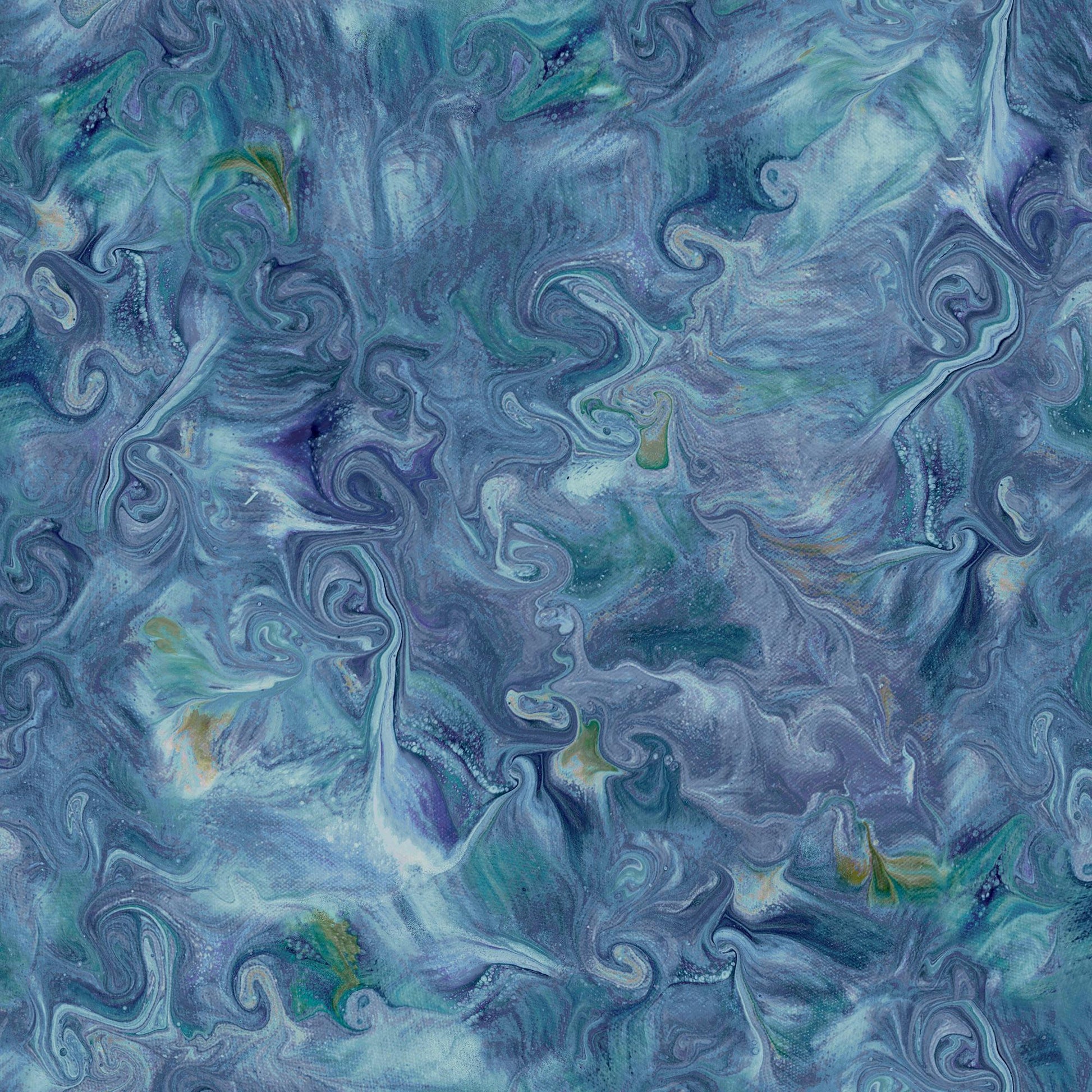 Image of the Mixology Blend Denim quilting cotton fabric by Ocllo Mason For QT Fabrics. Features acrylic swirls on a blue background. 
Cute Little Fabric Shop