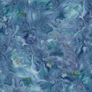 Image of the Mixology Blend Denim quilting cotton fabric by Ocllo Mason For QT Fabrics. Features acrylic swirls on a blue background. 
Cute Little Fabric Shop