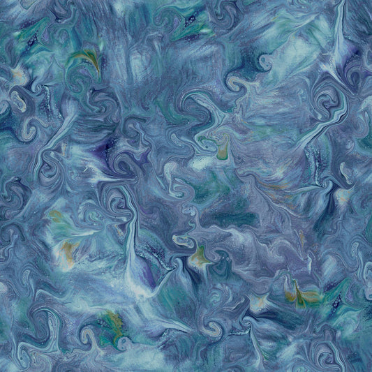 Image of the Mixology Blend Denim quilting cotton fabric by Ocllo Mason For QT Fabrics. Features acrylic swirls on a blue background. 
Cute Little Fabric Shop