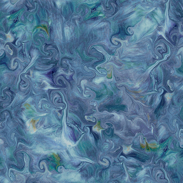 Image of the Mixology Blend Denim quilting cotton fabric by Ocllo Mason For QT Fabrics. Features acrylic swirls on a blue background. 
Cute Little Fabric Shop