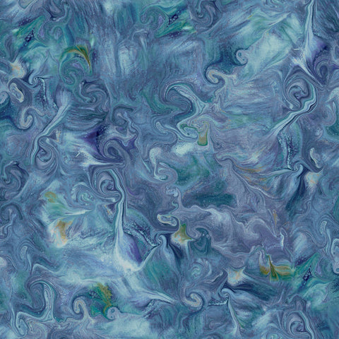 Image of the Mixology Blend Denim quilting cotton fabric by Ocllo Mason For QT Fabrics. Features acrylic swirls on a blue background. 
Cute Little Fabric Shop