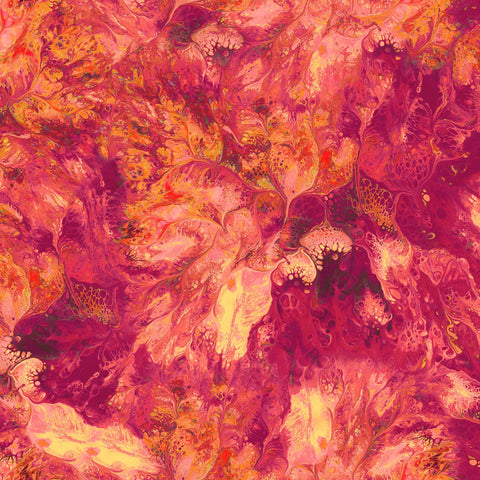 Image of the Mixology Stir Persimmon quilting cotton fabric by Ocllo Mason For QT Fabrics. Features acrylic swirls on a red background. 
Cute Little Fabric Shop