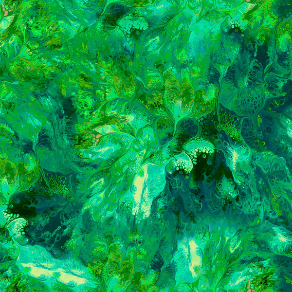 Image of the Mixology Stir  Dark Green quilting cotton fabric by Ocllo Mason For QT Fabrics. Features acrylic swirls on a green background. 
Cute Little Fabric Shop