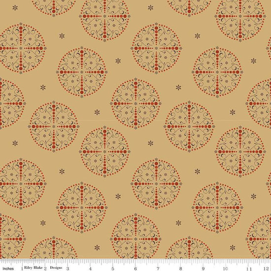 Image of the Sewing Your Oats Medallions Wheat Quilting cotton fabric by Karen Walker for Riley Blake Designs. Features circle medallions on a yellow background. Cute Little Fabric Shop.