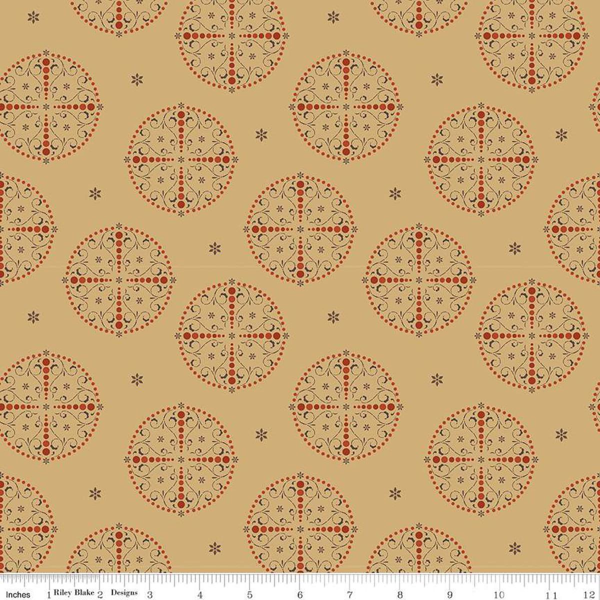 Image of the Sewing Your Oats Medallions Wheat Quilting cotton fabric by Karen Walker for Riley Blake Designs. Features circle medallions on a yellow background. Cute Little Fabric Shop.