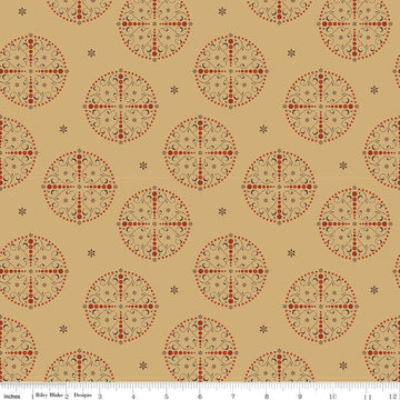 Image of the Sewing Your Oats Medallions Wheat Quilting cotton fabric by Karen Walker for Riley Blake Designs. Features circle medallions on a yellow background. Cute Little Fabric Shop.