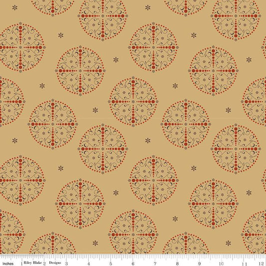 Image of the Sewing Your Oats Medallions Wheat Quilting cotton fabric by Karen Walker for Riley Blake Designs. Features circle medallions on a yellow background. Cute Little Fabric Shop.