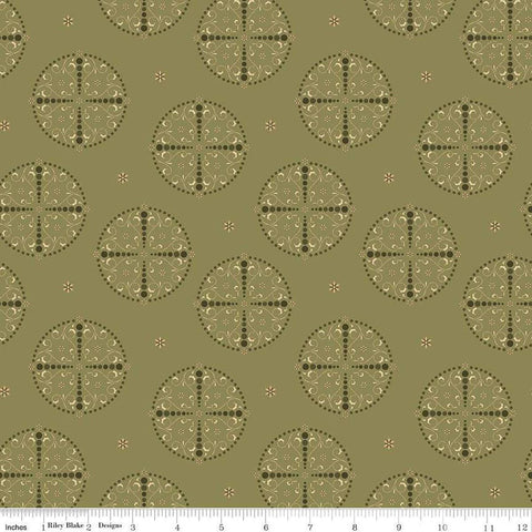 Image of the Sewing Your Oats Medallions Olive Quilting cotton fabric by Karen Walker for Riley Blake Designs. Features circle medallions on a green background. Cute Little Fabric Shop.