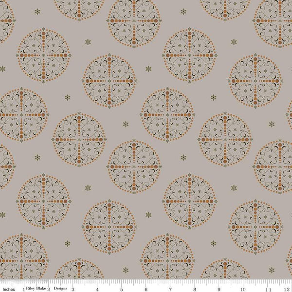 Image of the Sewing Your Oats Medallions Gray Quilting cotton fabric by Karen Walker for Riley Blake Designs. Features circle medallions on a gray background. Cute Little Fabric Shop.