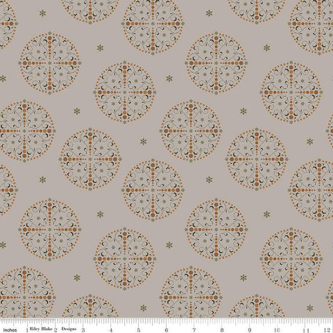 Image of the Sewing Your Oats Medallions Gray Quilting cotton fabric by Karen Walker for Riley Blake Designs. Features circle medallions on a gray background. Cute Little Fabric Shop.