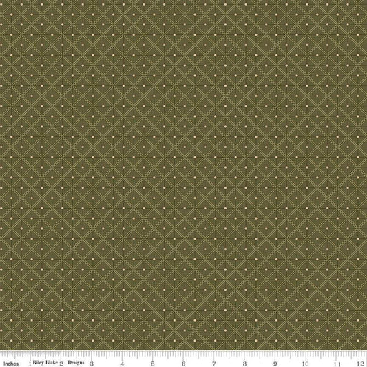 Image of the Sewing Your Oats Plaid Green Quilting cotton fabric by Karen Walker for Riley Blake Designs. Features a lattice grid on a green background. Cute Little Fabric Shop.