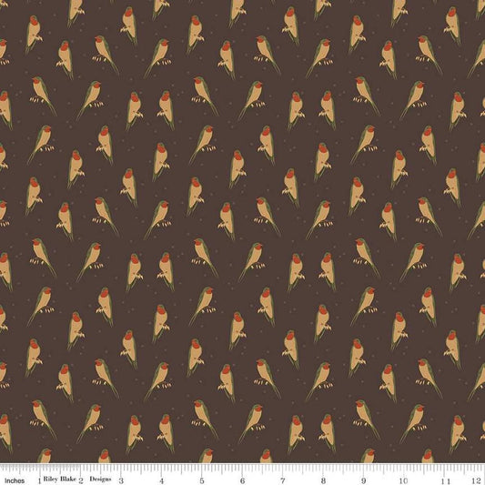 Image of the Sewing Your Oats Birds Raisin Quilting cotton fabric by Karen Walker for Riley Blake Designs. Features small birds on a brown background. Cute Little Fabric Shop.
