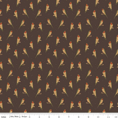 Image of the Sewing Your Oats Birds Raisin Quilting cotton fabric by Karen Walker for Riley Blake Designs. Features small birds on a brown background. Cute Little Fabric Shop.