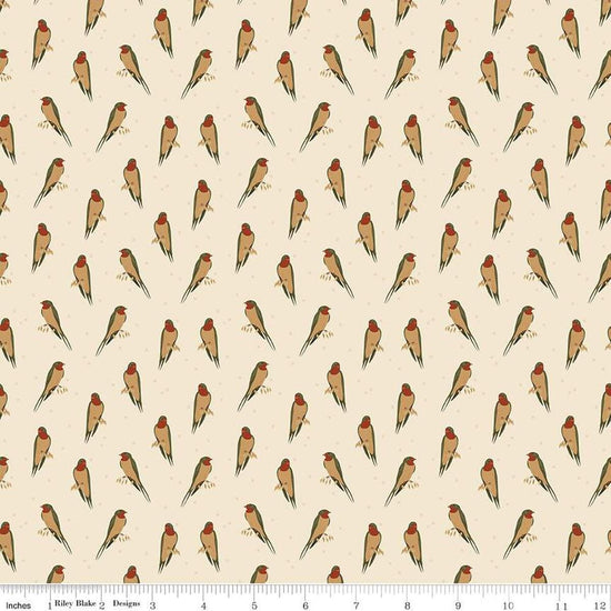 Image of the Sewing Your Oats Birds Oat Quilting cotton fabric by Karen Walker for Riley Blake Designs. Features small birds on a cream background. Cute Little Fabric Shop.