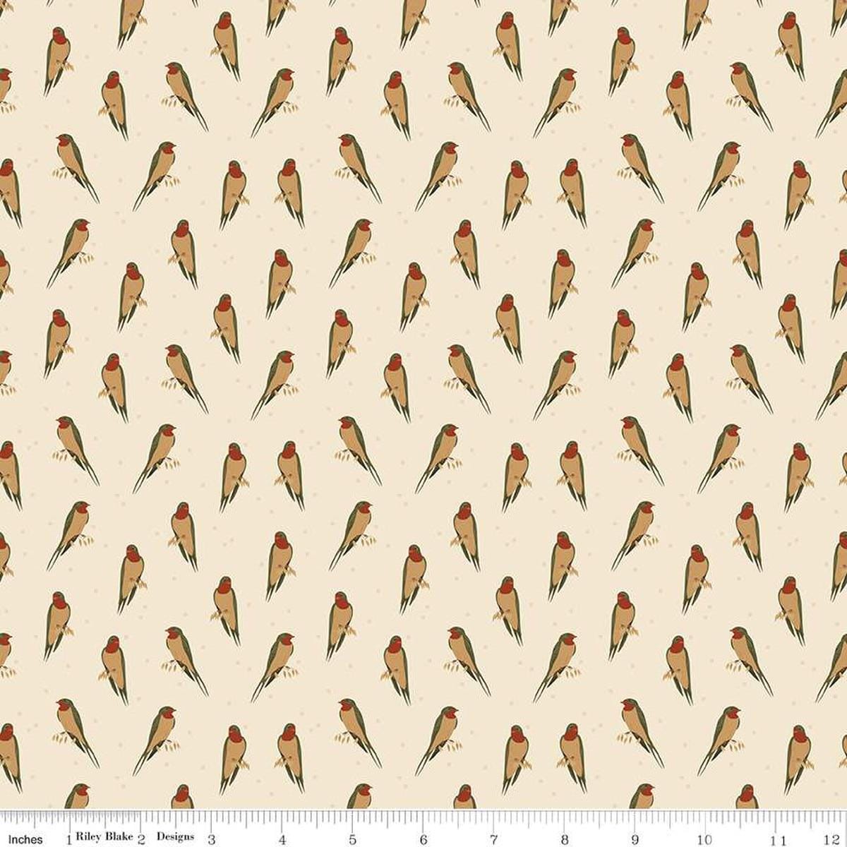 Image of the Sewing Your Oats Birds Oat Quilting cotton fabric by Karen Walker for Riley Blake Designs. Features small birds on a cream background. Cute Little Fabric Shop.