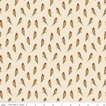 Image of the Sewing Your Oats Birds Oat Quilting cotton fabric by Karen Walker for Riley Blake Designs. Features small birds on a cream background. Cute Little Fabric Shop.
