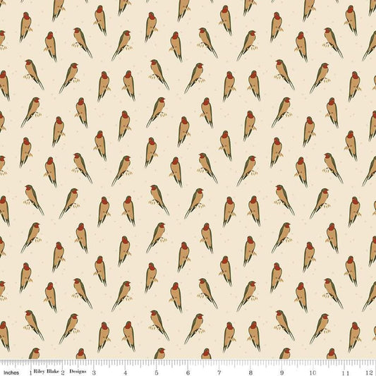 Image of the Sewing Your Oats Birds Oat Quilting cotton fabric by Karen Walker for Riley Blake Designs. Features small birds on a cream background. Cute Little Fabric Shop.