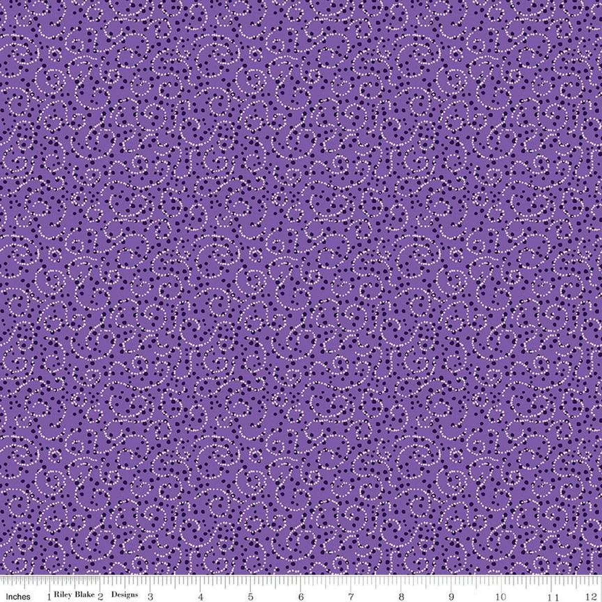 Image of the Plum Petals Swirl Violet quilting cotton fabric by Diane Labombarbe for Riley Blake Designs. Features dotted swirls on a purple background. Cute Little Fabric Shop
