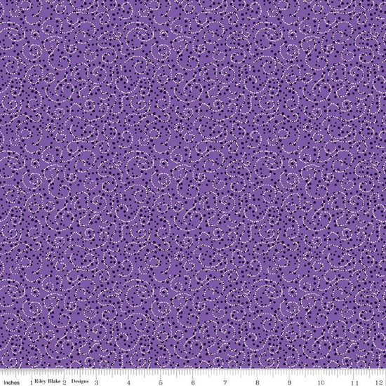 Image of the Plum Petals Swirl Violet quilting cotton fabric by Diane Labombarbe for Riley Blake Designs. Features dotted swirls on a purple background. Cute Little Fabric Shop