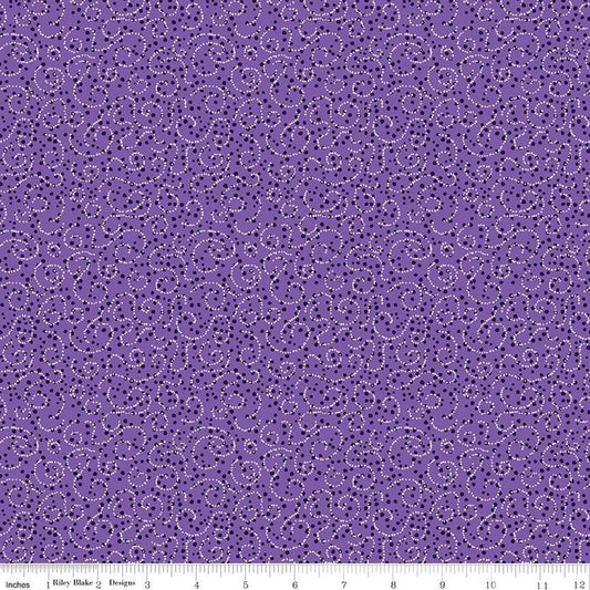 Image of the Plum Petals Swirl Violet quilting cotton fabric by Diane Labombarbe for Riley Blake Designs. Features dotted swirls on a purple background. Cute Little Fabric Shop