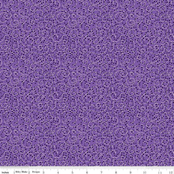 Image of the Plum Petals Swirl Violet quilting cotton fabric by Diane Labombarbe for Riley Blake Designs. Features dotted swirls on a purple background. Cute Little Fabric Shop