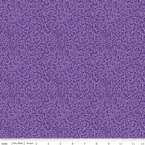 Image of the Plum Petals Swirl Violet quilting cotton fabric by Diane Labombarbe for Riley Blake Designs. Features dotted swirls on a purple background. Cute Little Fabric Shop