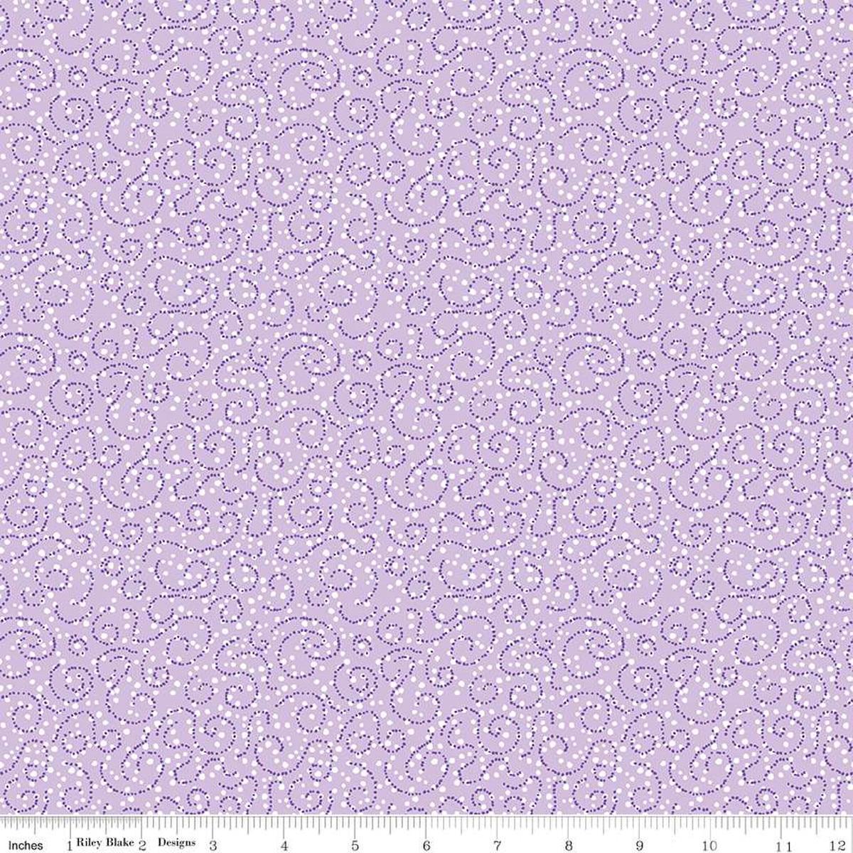 Image of the Plum Petals Swirl Lilac quilting cotton fabric by Diane Labombarbe for Riley Blake Designs. Features dotted swirls on a purple background. Cute Little Fabric Shop