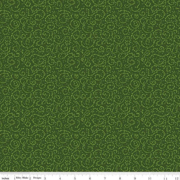 Image of the Plum Petals Swirl Green quilting cotton fabric by Diane Labombarbe for Riley Blake Designs. Features dotted swirls on a green background. Cute Little Fabric Shop