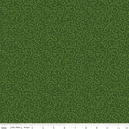 Image of the Plum Petals Swirl Green quilting cotton fabric by Diane Labombarbe for Riley Blake Designs. Features dotted swirls on a green background. Cute Little Fabric Shop