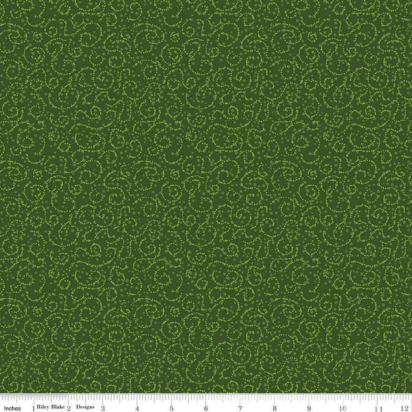 Image of the Plum Petals Swirl Green quilting cotton fabric by Diane Labombarbe for Riley Blake Designs. Features dotted swirls on a green background. Cute Little Fabric Shop