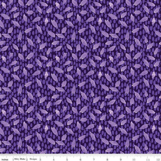 Image of the Plum Petals Leaves Purple quilting cotton fabric by Diane Labombarbe for Riley Blake Designs. Features small leaves on a purple background. Cute Little Fabric Shop