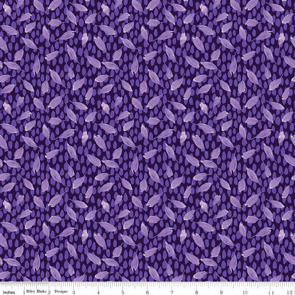 Image of the Plum Petals Leaves Purple quilting cotton fabric by Diane Labombarbe for Riley Blake Designs. Features small leaves on a purple background. Cute Little Fabric Shop