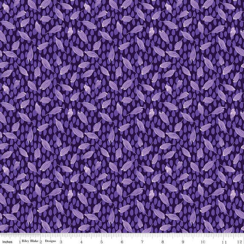 Image of the Plum Petals Leaves Purple quilting cotton fabric by Diane Labombarbe for Riley Blake Designs. Features small leaves on a purple background. Cute Little Fabric Shop