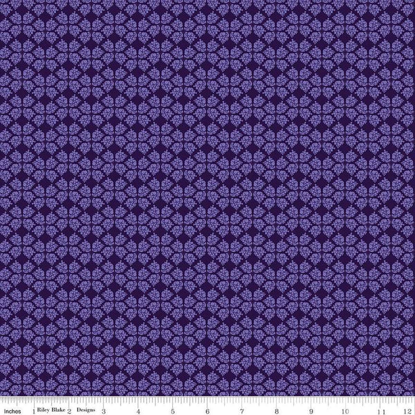 Image of the Plum Petals Geometric Purple quilting cotton fabric by Diane Labombarbe for Riley Blake Designs. Features geometric flowers on a purple background. Cute Little Fabric Shop