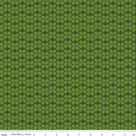Image of the Plum Petals Geometric Green quilting cotton fabric by Diane Labombarbe for Riley Blake Designs. Features geometric flowers on a green background. Cute Little Fabric Shop