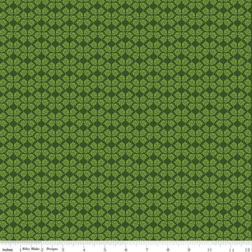 Image of the Plum Petals Geometric Green quilting cotton fabric by Diane Labombarbe for Riley Blake Designs. Features geometric flowers on a green background. Cute Little Fabric Shop
